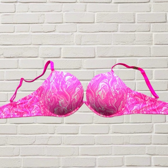 PINK Wear Everywhere Super Push-Up Bra 38DD Marble Swirl Pink White - Picture 2 of 5